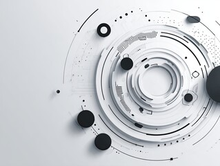 Abstract circular design with concentric rings, layered elements, and contrasting black shapes