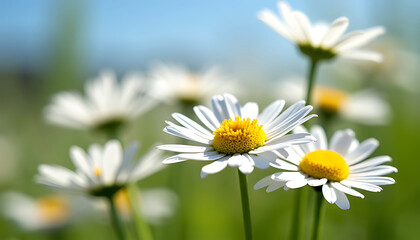Fototapeta premium Close up of white daisies with yellow centers in a sunny meadow