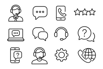 Simple line icons representing customer service and communication tools