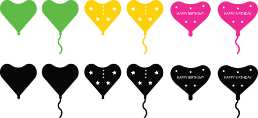 Birthday balloon vector icon set in color flat style celebration party decoration collection, heart and round balloon group, happy birthday symbol pack with stars