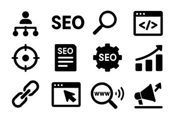 Black icons of seo and digital marketing tools on white background