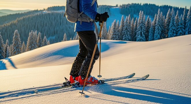 Cross-country skiing adventure: person on skis with a backpack in snowy mountains surrounded by trees.