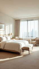 Fototapeta premium Wide-angle view of a bright, elegant hotel room with white linens and warm daylight. 