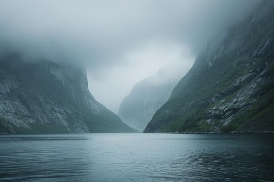 Low hanging clouds hovering over steep cliffs of trollfjord in raftsundet strait, hadsel municipality, nordland county, norway, creating a dramatic and moody atmosphere