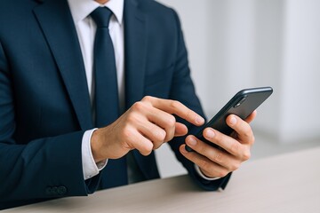 Businessman in Suit Using Smartphone for Communication and Productivity in Modern Workplace Setting