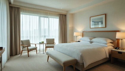 Wide-angle view of a bright, elegant hotel room with white linens and warm daylight.
