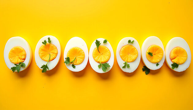 Row of halved hard boiled eggs garnished with fresh parsley on a yellow background