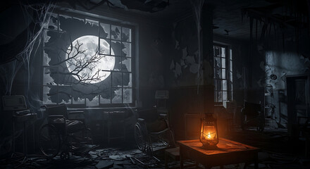Spooky abandoned room with full moon and lantern