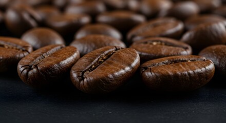 Obraz premium Close-up of roasted coffee beans, showcasing their texture and rich brown color against a dark background.