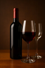 레드 와인 병과 와인잔의 클래식한 정물