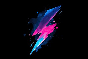 Abstract lightning bolt graphic with vibrant, painterly strokes of blue and pink.  Splashes and drips of color surround the stylized bolt on a black background