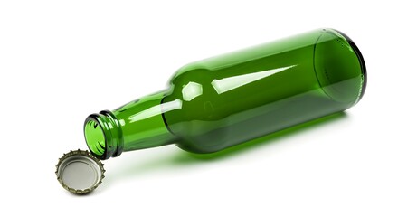 Empty Green Beer Bottle with Cap Isolated on White Background.