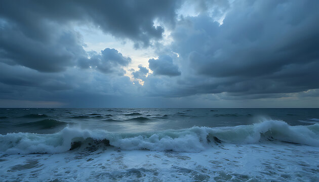 Dramatic stormy ocean waves under moody clouds with glimmer of sunlight