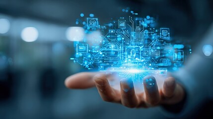 Fototapeta premium Futuristic Technology Concept: Holographic Display in Hand, Representing Advanced Connectivity and Artificial Intelligence Solutions