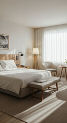 Wide-angle view of a bright, elegant hotel room with white linens and warm daylight.
