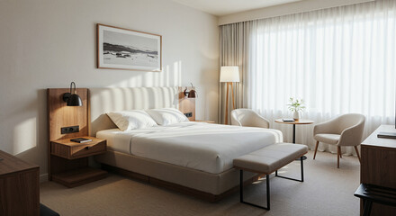 Wide-angle view of a bright, elegant hotel room with white linens and warm daylight.
