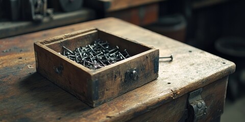Antique Nails in Wooden Box on Workshop Table