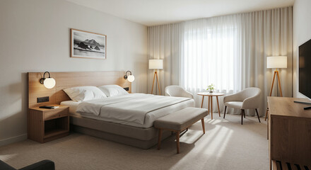 Wide-angle view of a bright, elegant hotel room with white linens and warm daylight.
