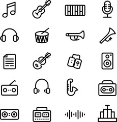 A collection of hand drawn musical instrument and audio equipment icons representing various aspects of music production and listening
