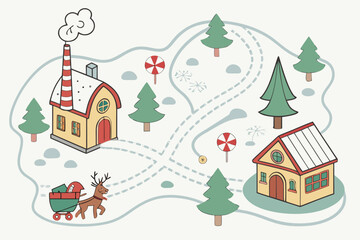 Fototapeta premium Festive Christmas Village Map with Reindeer Sleigh, trees and Candies