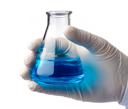 Experimenting with blue liquid in laboratory setting while wearing protective gloves for safety and precision in research activities