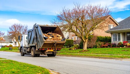 Efficient leaf removal truck collecting autumn waste in suburban neighborhood for seasonal cleanup project