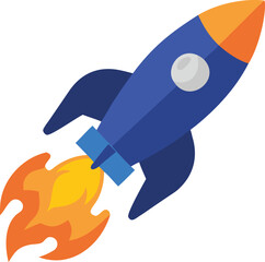 Vector art of blue and orange rocket blasting off with fiery exhaust, isolated on white background