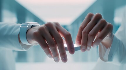 Close-up of Hands Using Smart Device in Futuristic Environment, Emphasizing Technology and Connectivity