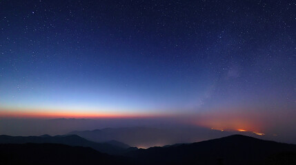 Fototapeta premium Magnificent Natural Landscape with Moonlit River, Starlit Sky, and Dawn/Dusk Horizon, Conveying Tranquility and Awe