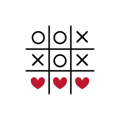 Tic tac toe game with hearts. Romantic game of tic tac toe love print . Vector illustration