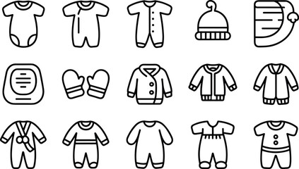Collection of outline icons depicting various types of baby clothing and accessories for different occasions