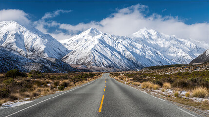Straight Road with Yellow Divider Leading to Snow-Capped Mountains and Vast Wilderness, Conveying Exploration and Nature's Grandeur