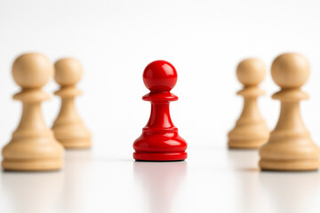 Glossy Red Pawn, close-up of glossy red pawn among light wood pawns with balanced lighting to emphasize shine and detail