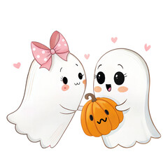 Cute Ghosts with Pumpkin Halloween Cartoon Illustration