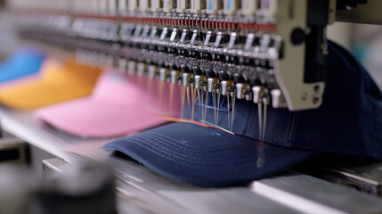 A machine is sewing a blue hat