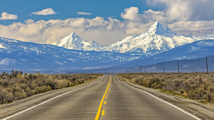 Fototapeta premium Straight Road with Yellow Divider Leading to Snow-Capped Mountains and Vast Wilderness, Conveying Exploration and Nature's Grandeur