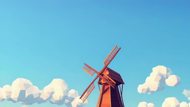 Low poly windmill standing in a field at sunset with clouds