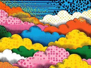 A vibrant digital art piece featuring a multitude of clouds in bold, playful colors.  