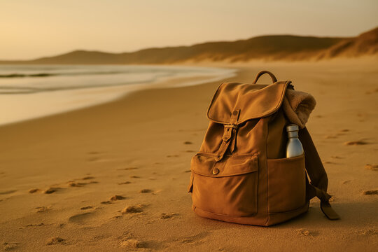 Backpack resting on sandy beach during sunset with water bottle - Powered by Adobe
