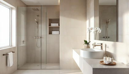 Wide-angle view of a bright, modern luxury hotel bathroom with spa-like elegance.
