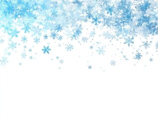 Light blue snowflakes falling against a white background.  Many small, intricate snowflake shapes, gradually fading to translucent in the bottom and center area.  Gentle, soft color gradient