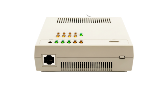 highquality image of network hardware beige modem with led lights
