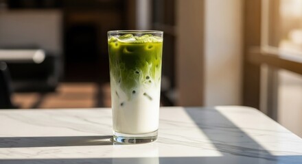 Green matcha latte with ice in a clear glass sits on a marble table