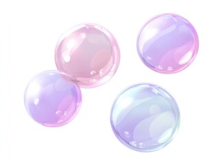 Obraz premium Four translucent, iridescent bubbles in pastel shades of pink and lavender, set against a white background. The bubbles have a slightly textured surface, suggesting soapy film