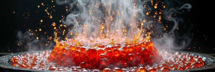 Close-up of bubbling red lava lamp with rising steam and vibrant glow