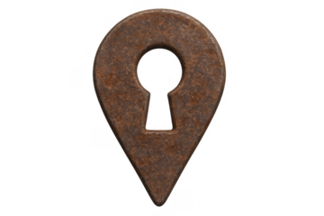 Rusty metal location pin with keyhole shape on transparent background