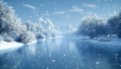 Fototapeta premium A Serene Winter Wonderland Featuring Snow-Covered Pines, Calm Lakes, and Majestic Mountain Peaks