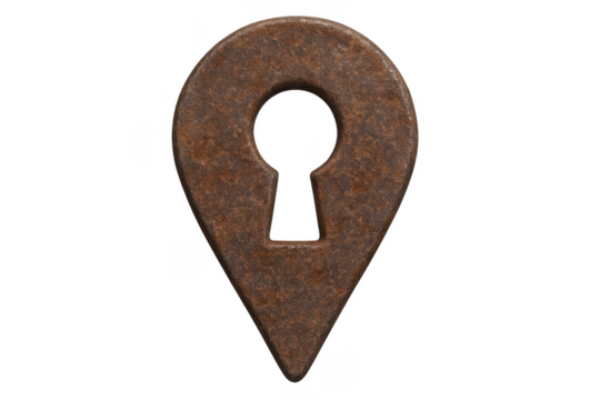 Rusty metal location pin with keyhole shape on transparent background