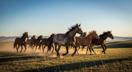Horses running across grassy field under blue sky with dusty trail
