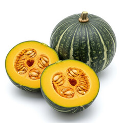 Whole green striped pumpkin and two halves showing seeds isolated